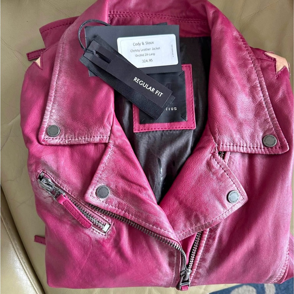 Pink Leather Motorcycle Jacket with Notched Lapel and Silver Zippers Mauritius